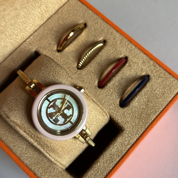 Tory Burch Reva Gold-Tone Stainless Steel Bangle Bracelet Watch 27mm Gift Set